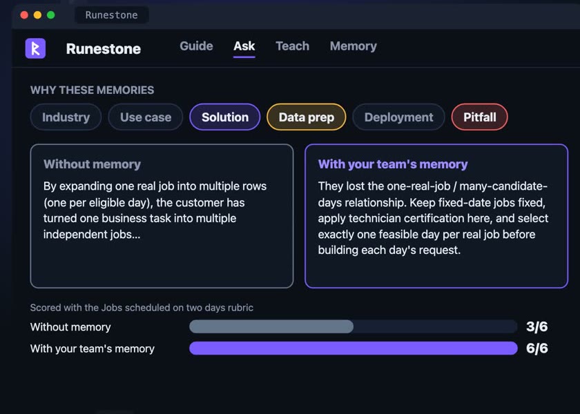 Ask with two answers side by side and a judge score of 3 of 6 without memory and 6 of 6 with memory