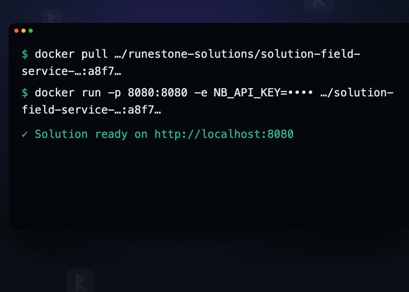 A terminal running docker pull and docker run for the generated field service solution, with the key masked
