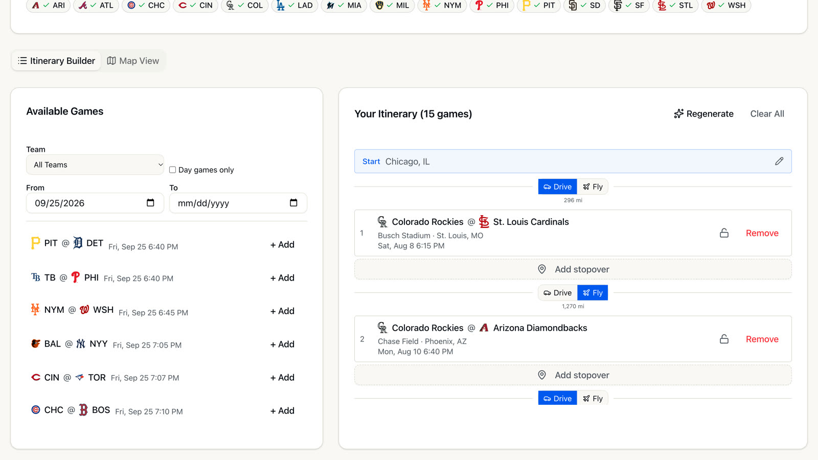 The itinerary builder: available games with filters on the left, the trip with drive and fly switches, leg distances, lock and stopover controls on the right