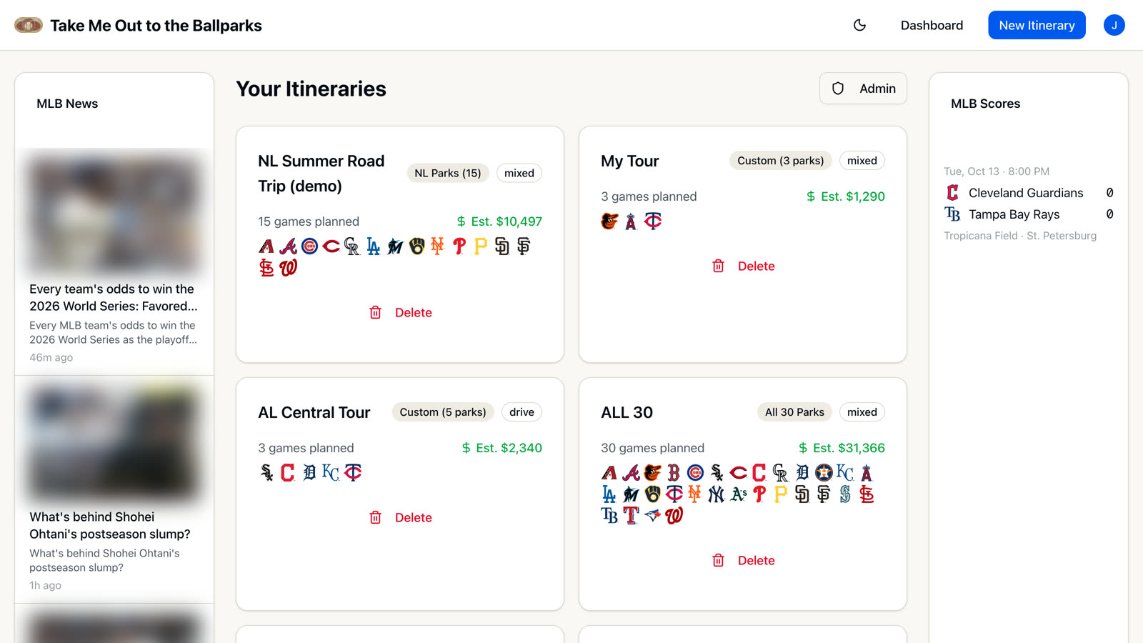 The dashboard: itinerary cards with goal, travel mode, team logos and an estimated cost of $10,497 for the demo trip