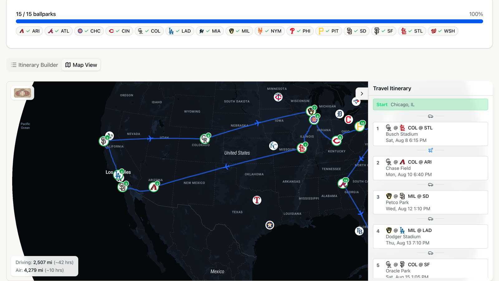 Map View: numbered ballparks across the US connected by driving routes and flight arcs, with driving and air totals and the trip list beside the map