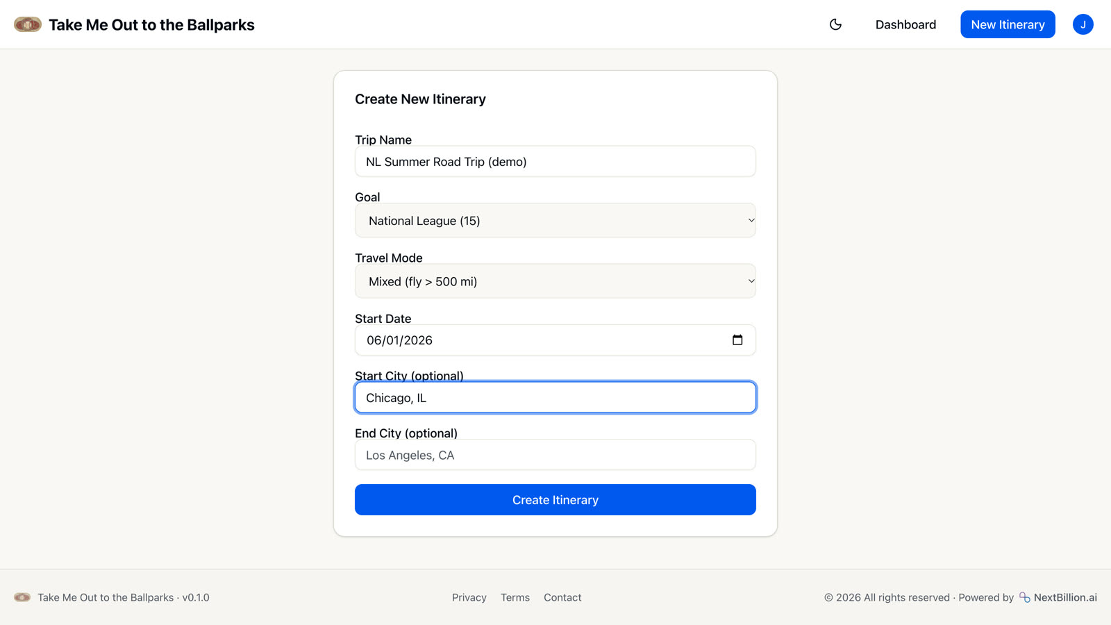 The Create New Itinerary form with trip name, goal set to National League, mixed travel, a start date and Chicago as the start city