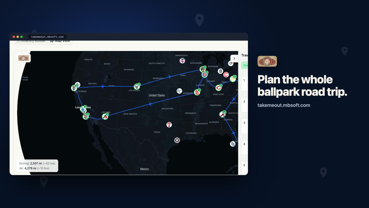Take Me Out to the Ballparks: a ballpark road trip drawn across a US map, with the line Plan the whole ballpark road trip