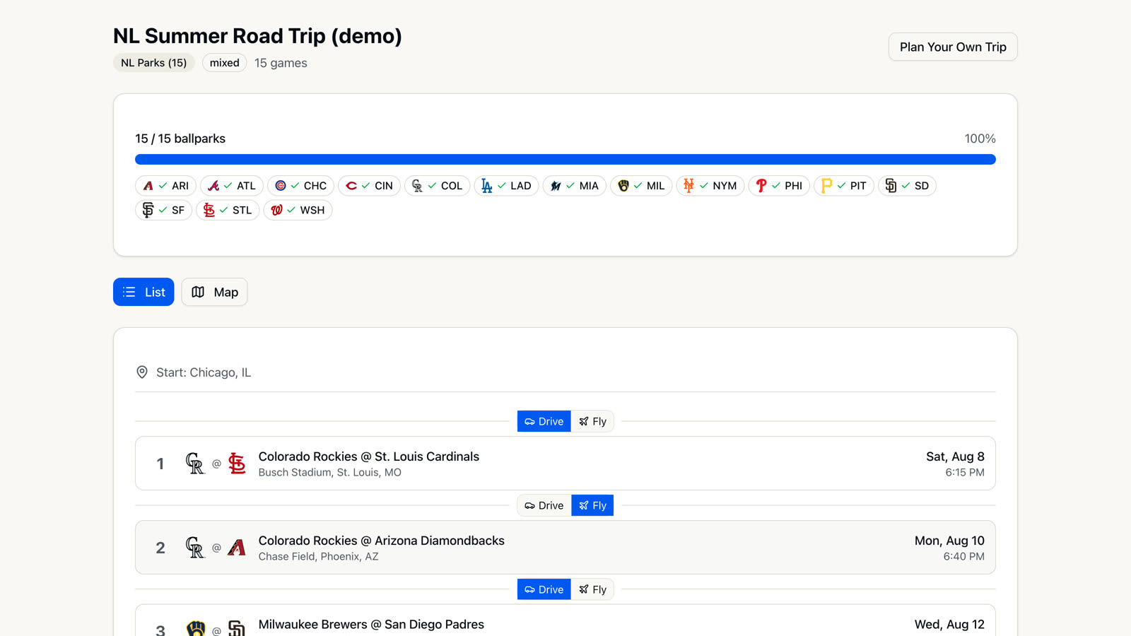 The public share view of the demo trip, opened without signing in, with List and Map tabs