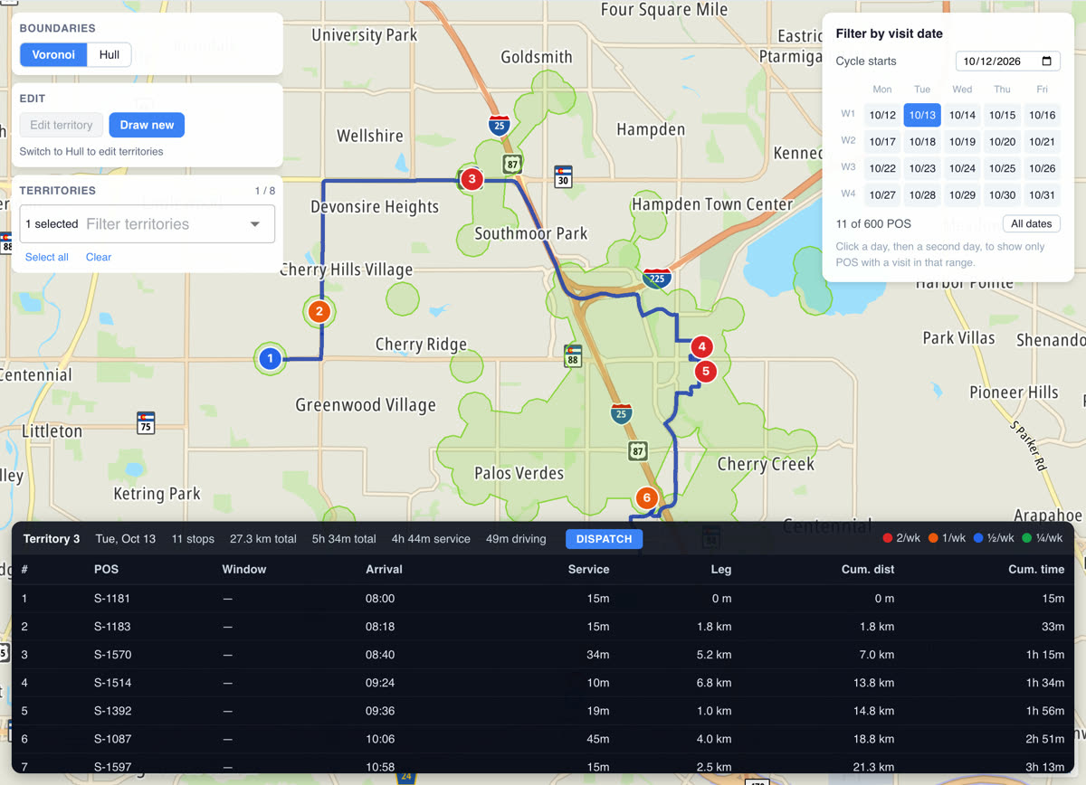 An optimized route for one territory on a Tuesday, with numbered stops on the map and a stop table
